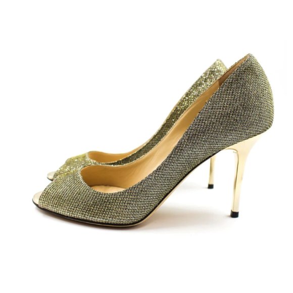 Jimmy Choo Peep Toe Pumps Sz 36.5 Gold Glitter High Stiletto Heels - Picture 2 of 11